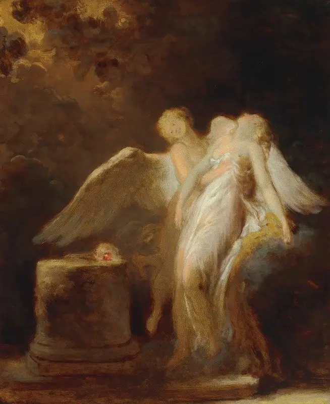 a classical painting depicts two angels in white robes and wings, one embracing the other while a small red apple rests on a…