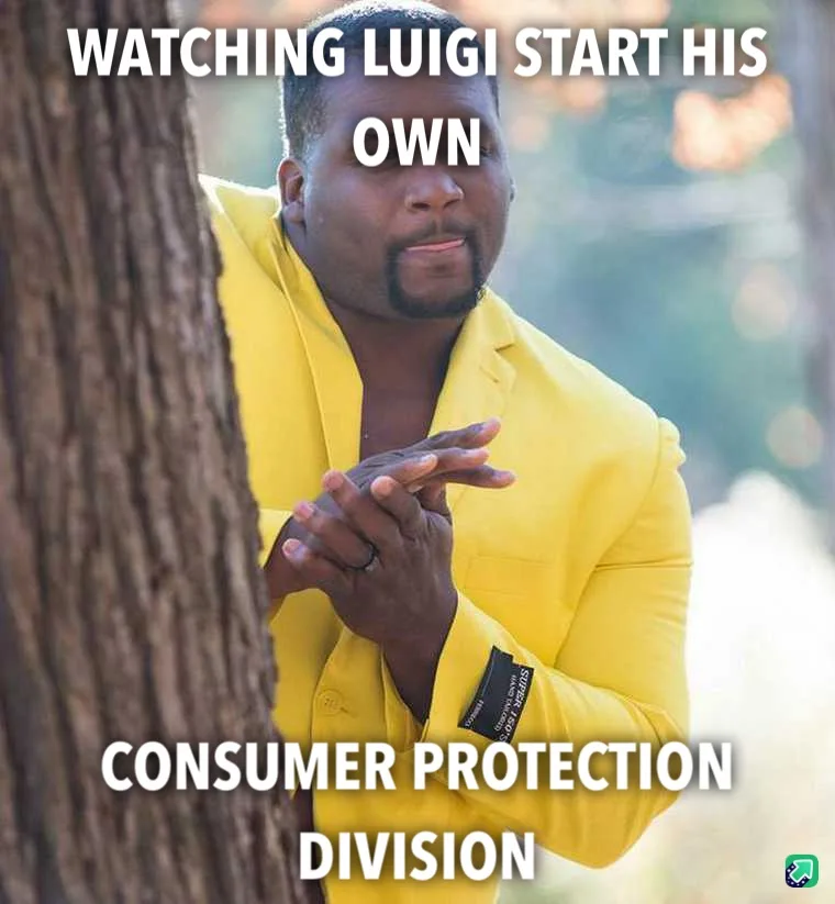 A man in a bright yellow suit peeks from behind a tree trunk, hands clasped together in anticipation or excitement. The…