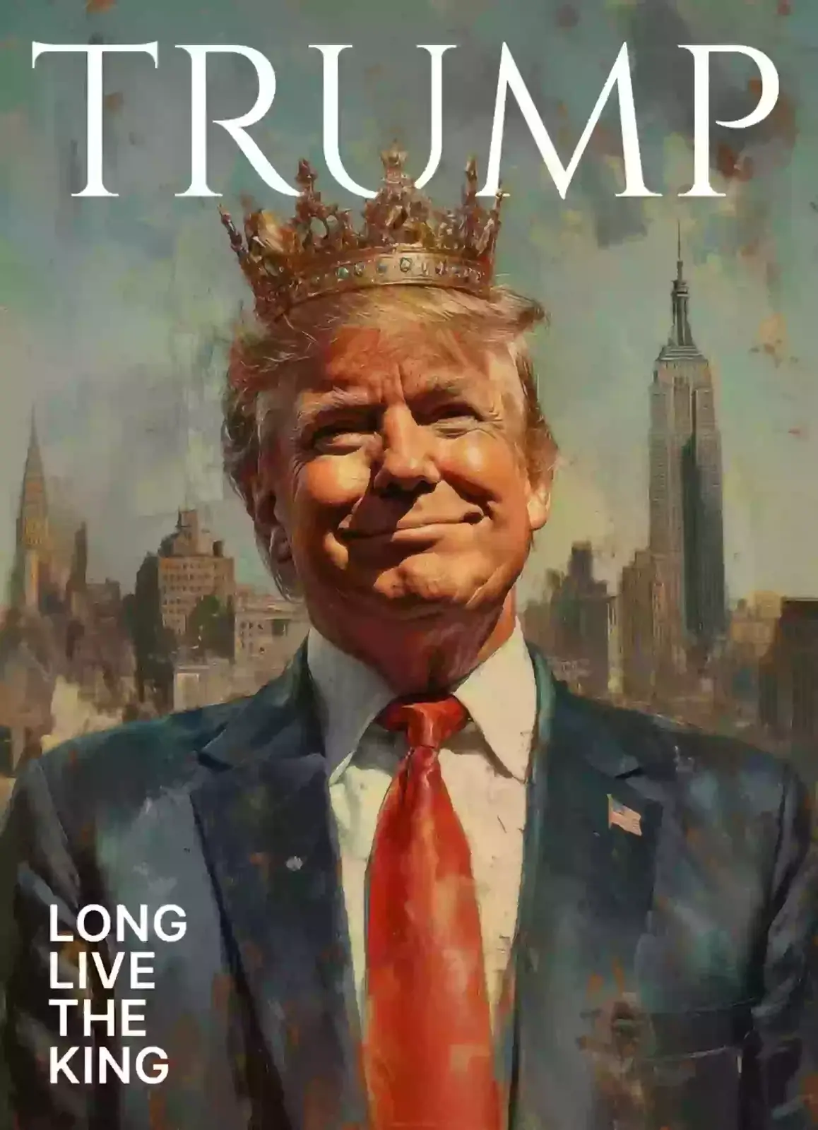 A digitally altered image portrays Donald Trump wearing a golden crown, smiling, against a backdrop of the New York City…