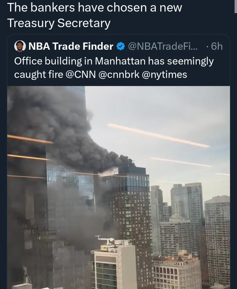 A screenshot of a tweet from 'NBA Trade Finder' shows a photo of a Manhattan skyscraper billowing thick black smoke, with…