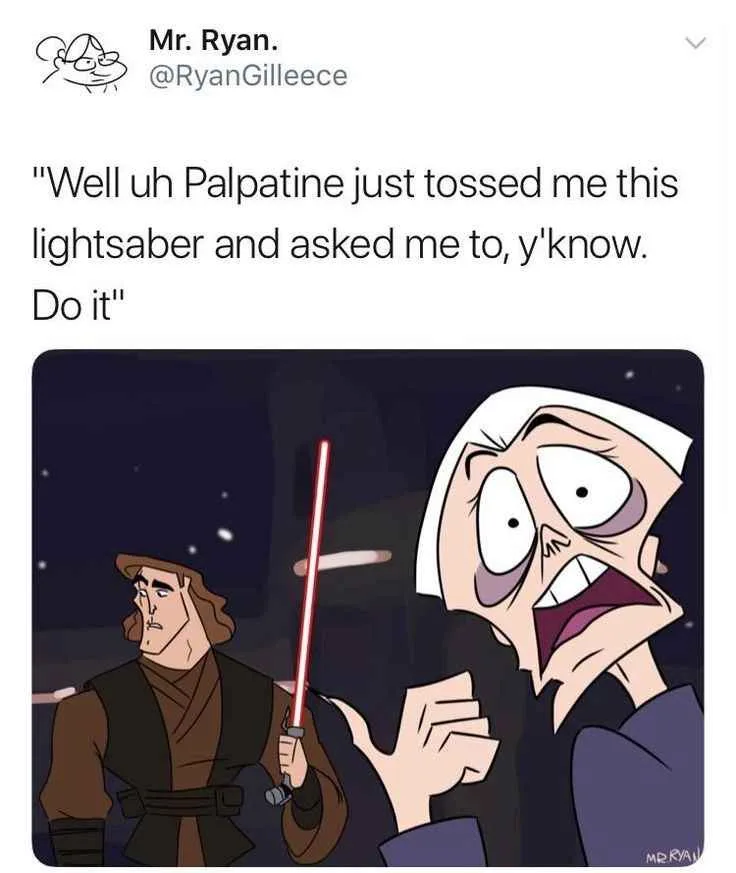 A cartoon image shows a character with a terrified expression holding a red lightsaber, while another character stands…