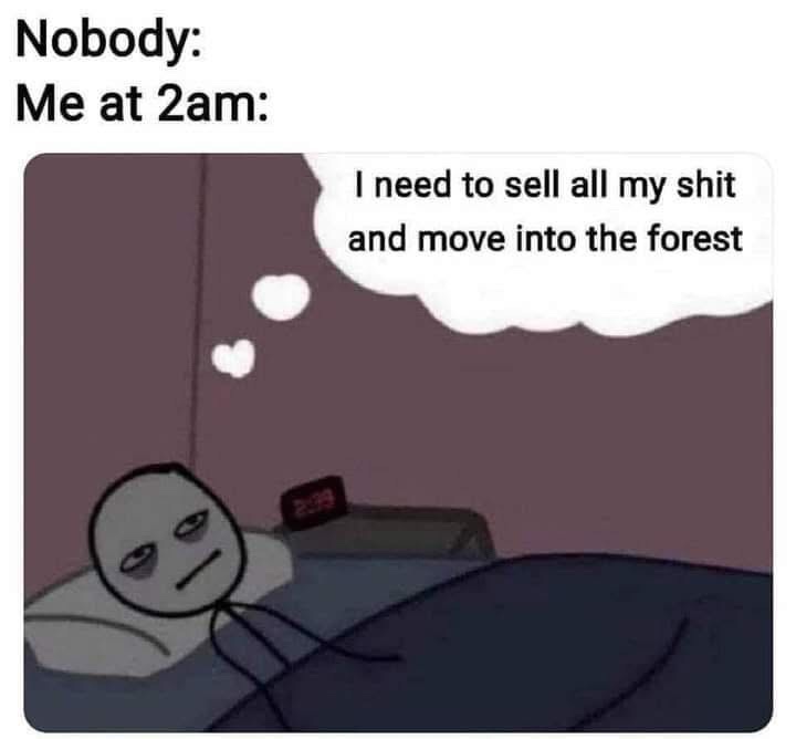 A cartoon person lies in bed under dark blankets, eyes half-closed, with a digital alarm clock showing 2:09. A thought…