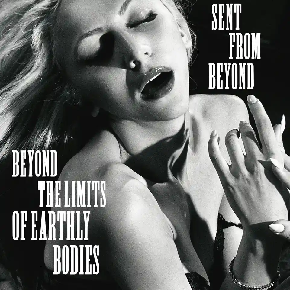 A black-and-white photo shows a woman with her eyes closed and mouth slightly open, appearing ethereal or otherworldly. Her…