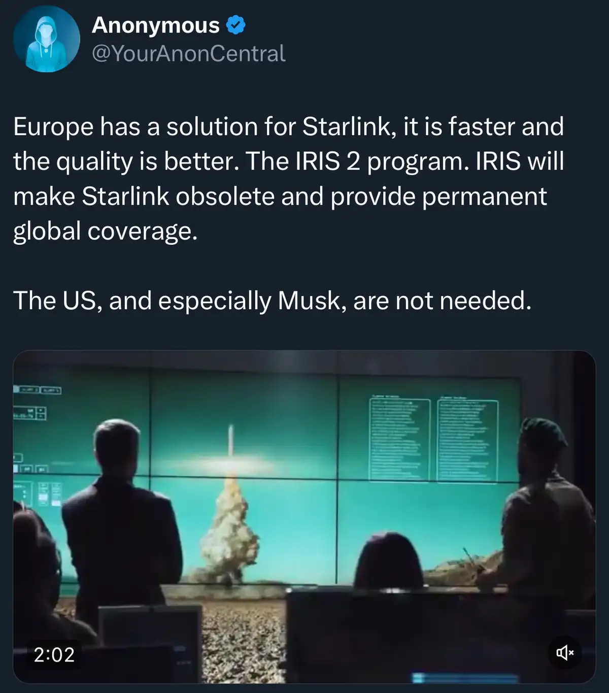 A screenshot of a tweet from 'Anonymous' (@YourAnonCentral) featuring a video still of several people watching a rocket…