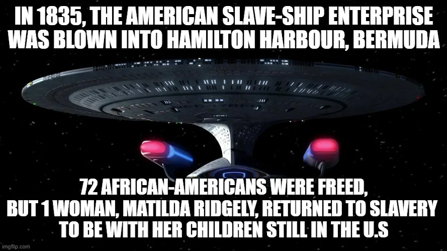 A Star Trek Enterprise spaceship is shown against a starry black background. White bold text at the top states: 'IN 1835…
