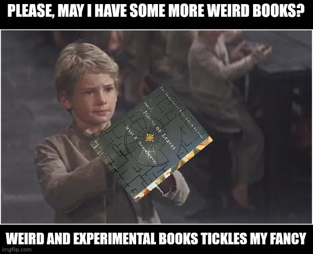 A young boy with blond hair, wearing a brown tunic, holds up a book titled 'House of Leaves' with a maze-like cover design…