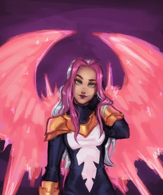 A digital illustration of a female character with long pink and silver hair, wearing a dark outfit with gold shoulder armor…