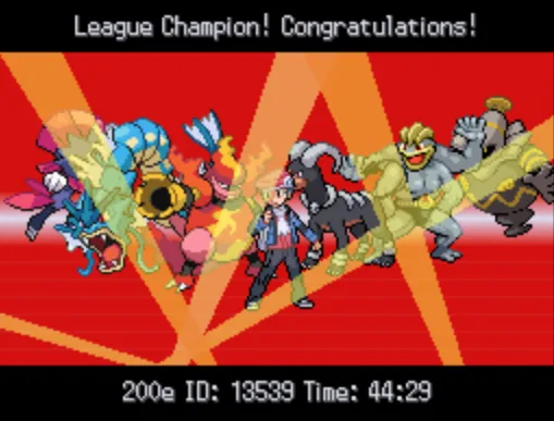 A pixelated image from a Pokémon game shows a player character standing center stage with six Pokémon surrounding them…