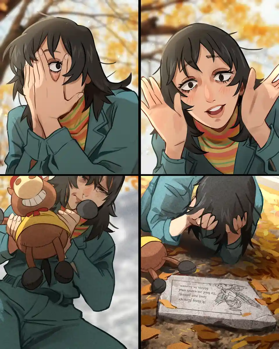 A four-panel anime-style comic shows a young woman with dark hair and a striped shirt reacting to a plush toy. She starts…