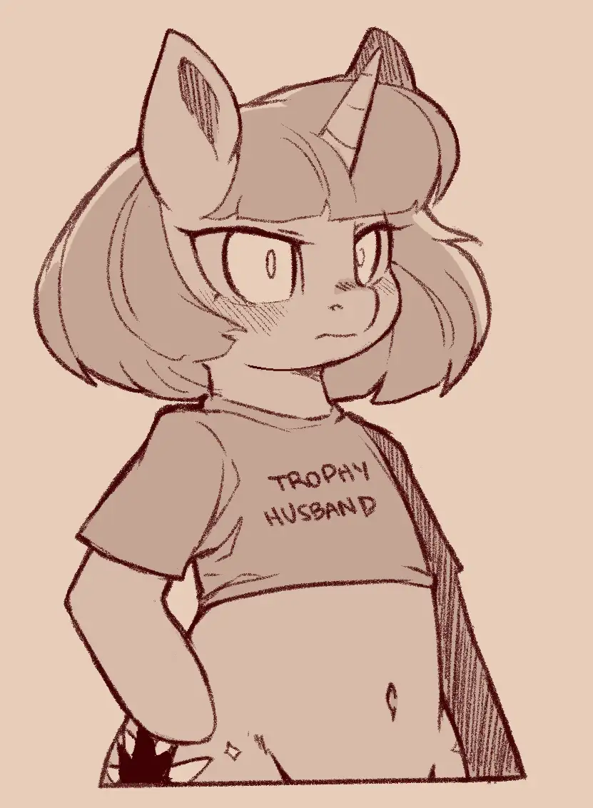 A sepia-toned sketch of a female anthropomorphic unicorn with short hair, a horn, and pointed ears, wearing a t-shirt that…