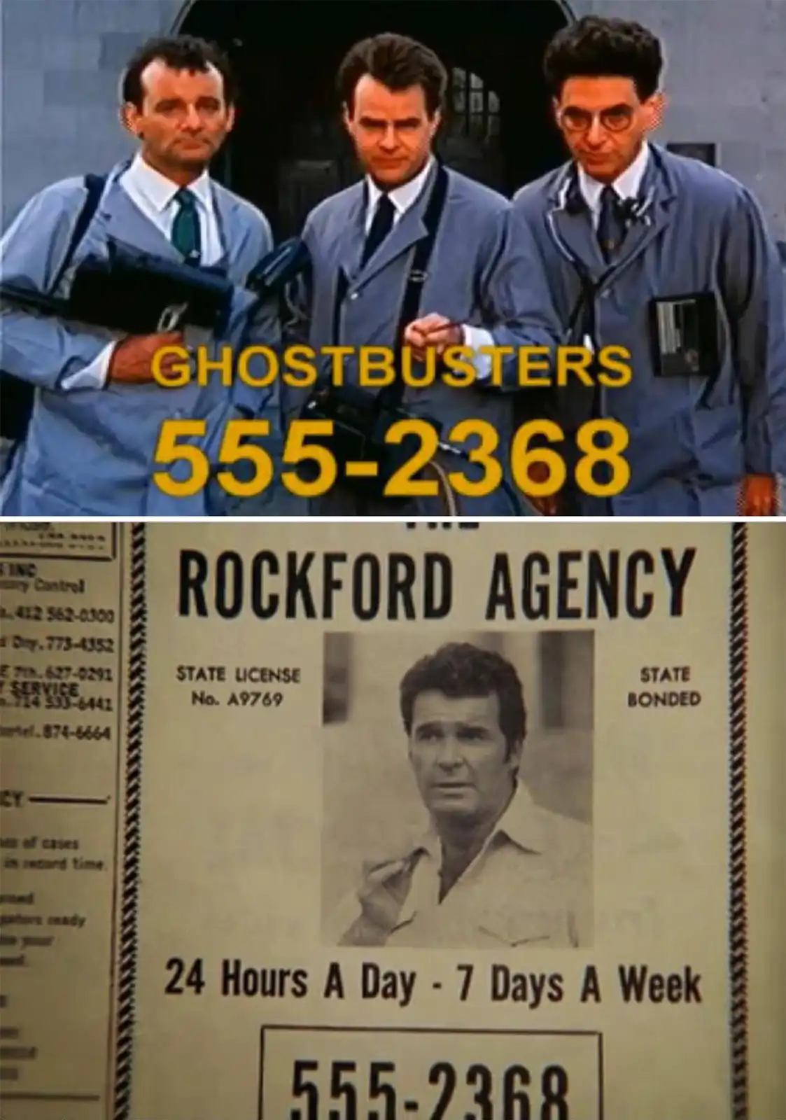 The top half shows three men in blue Ghostbusters uniforms holding proton packs, with the text 'GHOSTBUSTERS 555-2368'…