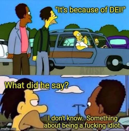 The top panel shows two men standing by a blue station wagon, with Homer Simpson in the driver's seat pointing and yelling…
