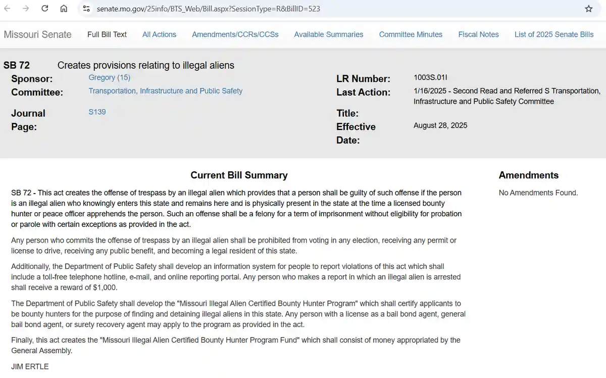 A screenshot of a Missouri Senate bill webpage for SB 72, which creates provisions relating to illegal aliens. The bill…