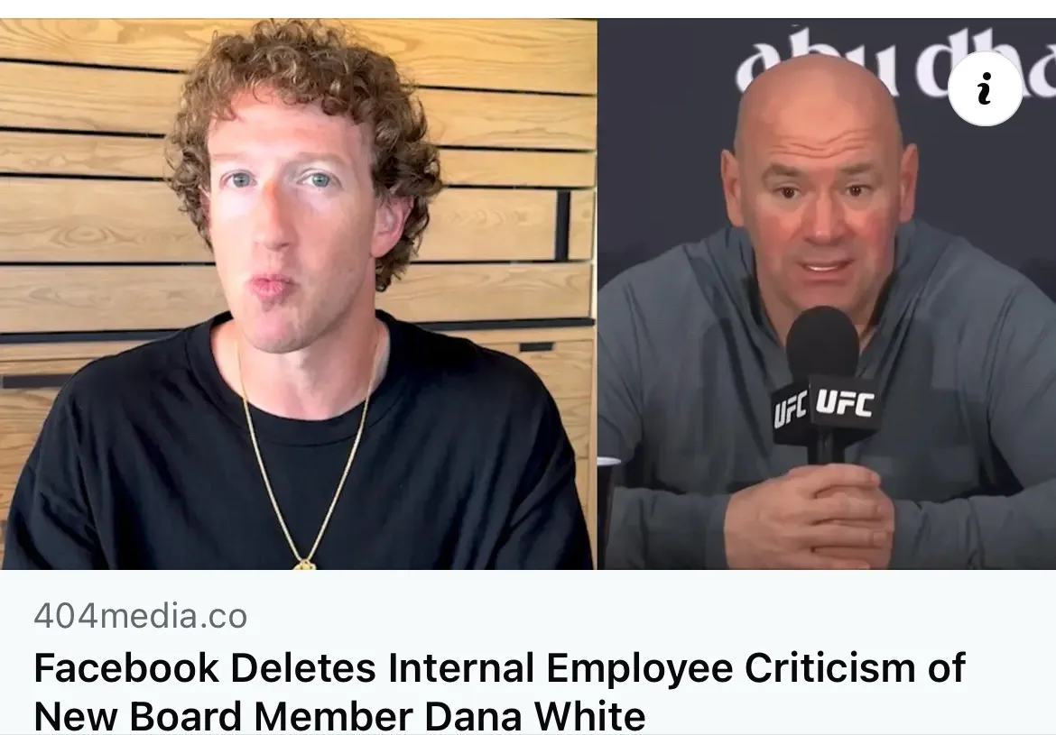 The image shows a split-screen with Mark Zuckerberg on the left, making a pouting face, and Dana White on the right…