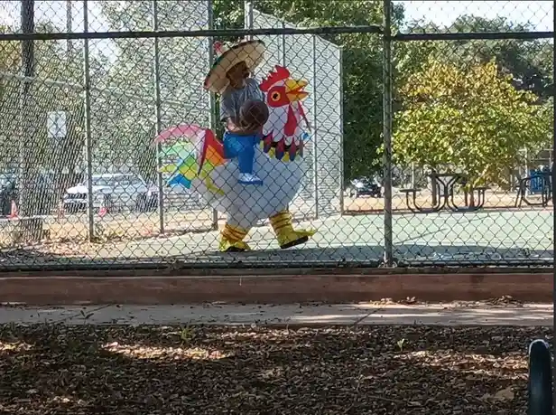A man in a rooster costume showing off his basketball skills