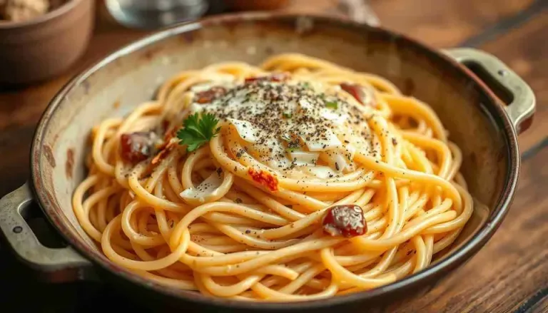A close-up photo of a rustic bowl of spaghetti carbonara, topped with creamy sauce, black pepper, parsley, and sun-dried…