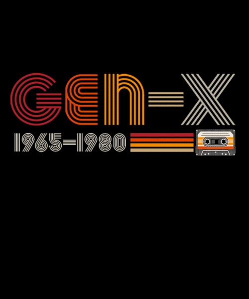 A retro-style graphic with the text 'GEN-X' in stylized, gradient-colored lettering, followed by '1965-1980' and a cassette…