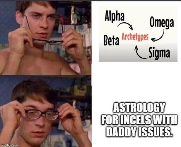 The image is a two-panel meme featuring a shirtless man putting on glasses in both panels. The top panel shows him looking…