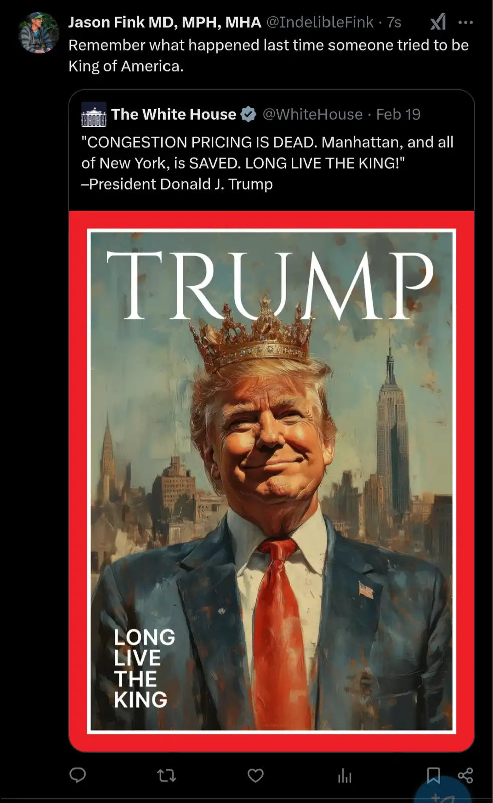 An image shows a stylized portrait of Donald Trump wearing a golden crown, set against a New York City skyline with the…