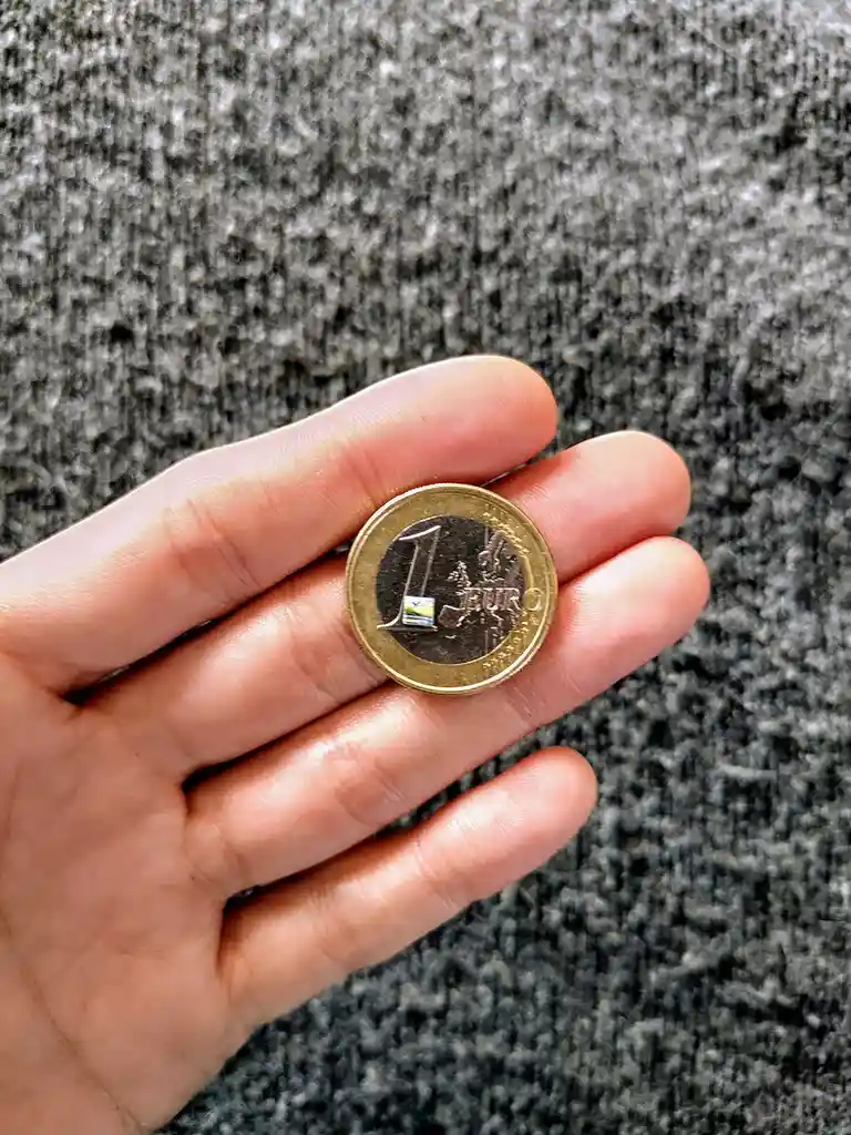 A hand holds a 1 euro coin against a gray knitted background, with the overlaid text '1 euro' visible. The coin's design…