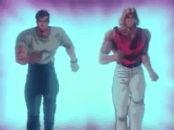 The image shows a sequence of frames from an anime-style video game, featuring two muscular male characters running…