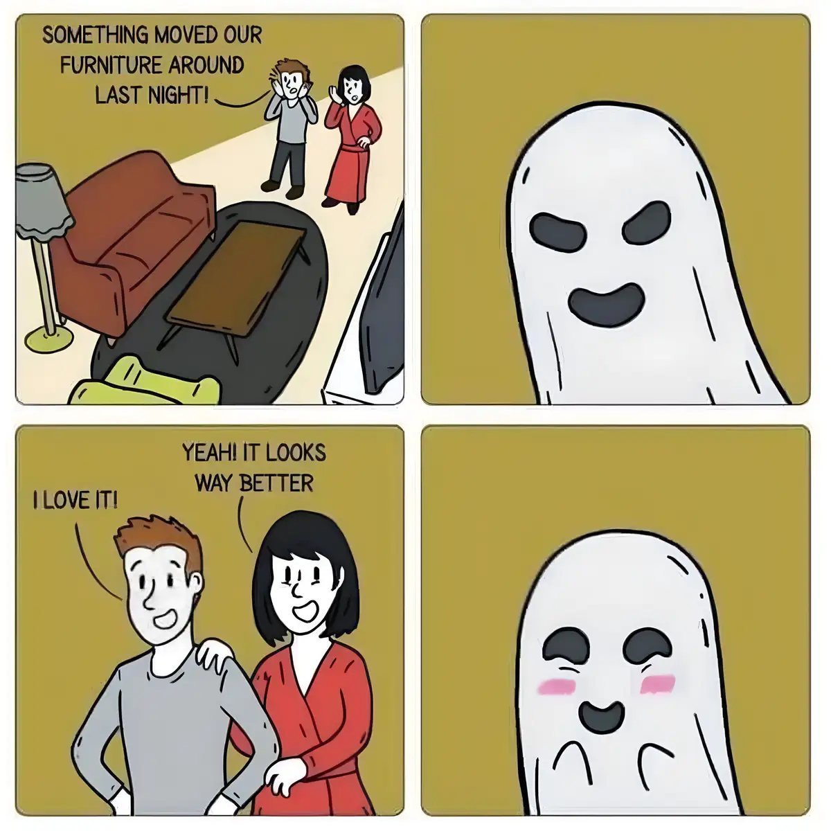 A four-panel comic shows a couple shocked to find their furniture rearranged, then delighted by the new layout. A ghost…