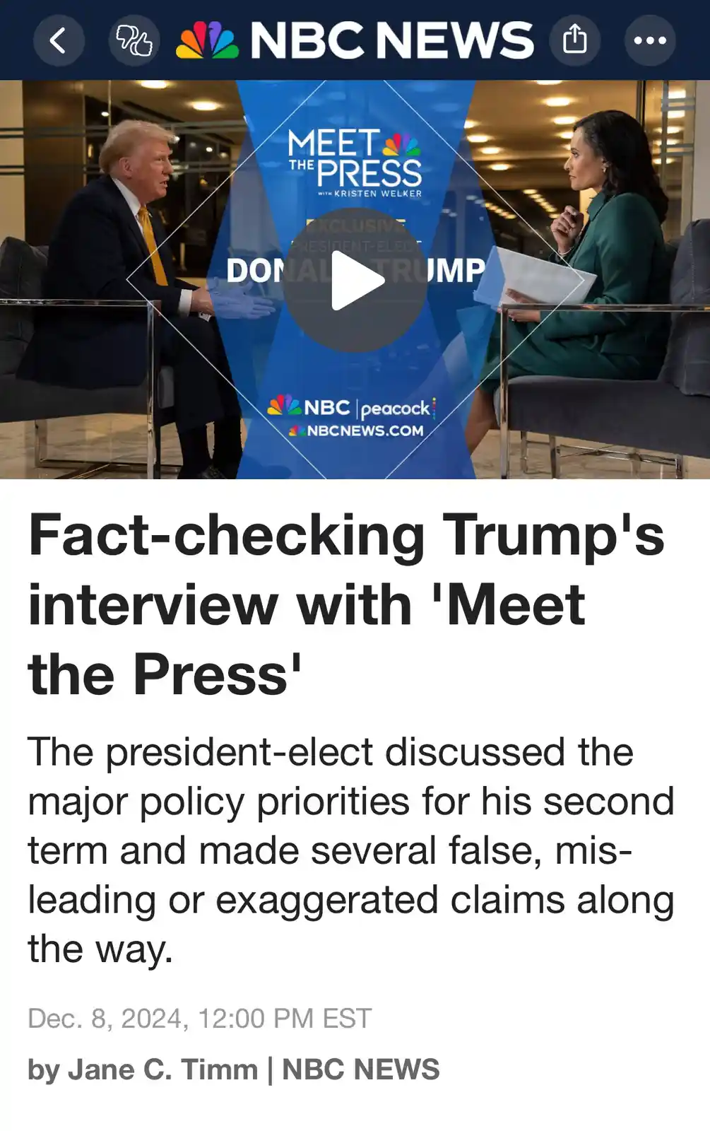 An NBC News article screenshot shows a video thumbnail of Donald Trump being interviewed by Kristen Welker on 'Meet the…