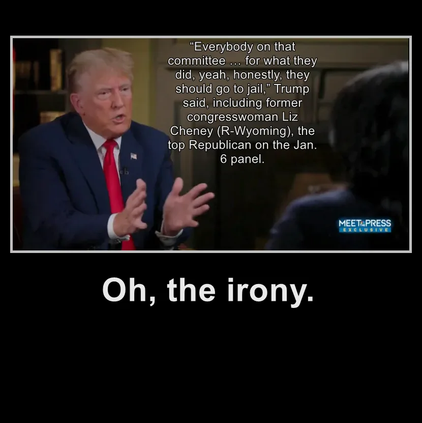 A still image from a Meet the Press interview shows Donald Trump gesturing while speaking. Overlaid text quotes him saying…