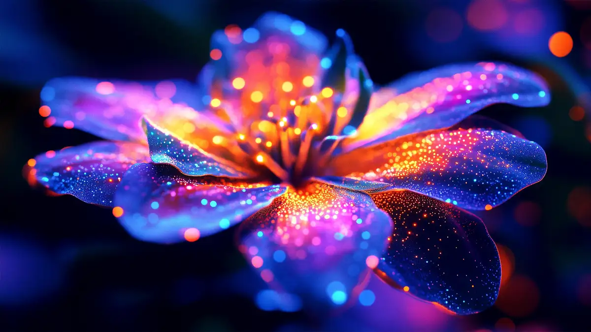 A vibrant, digitally rendered flower with glowing, iridescent petals in shades of blue, purple, and orange, speckled with…