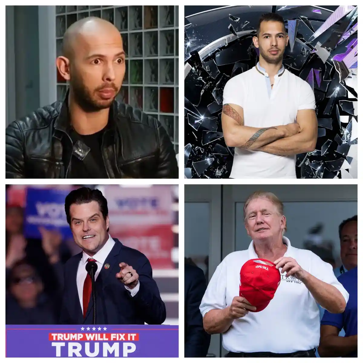 A four-panel meme collage shows: top-left, a man in a leather jacket with a shocked expression; top-right, the same man in a…