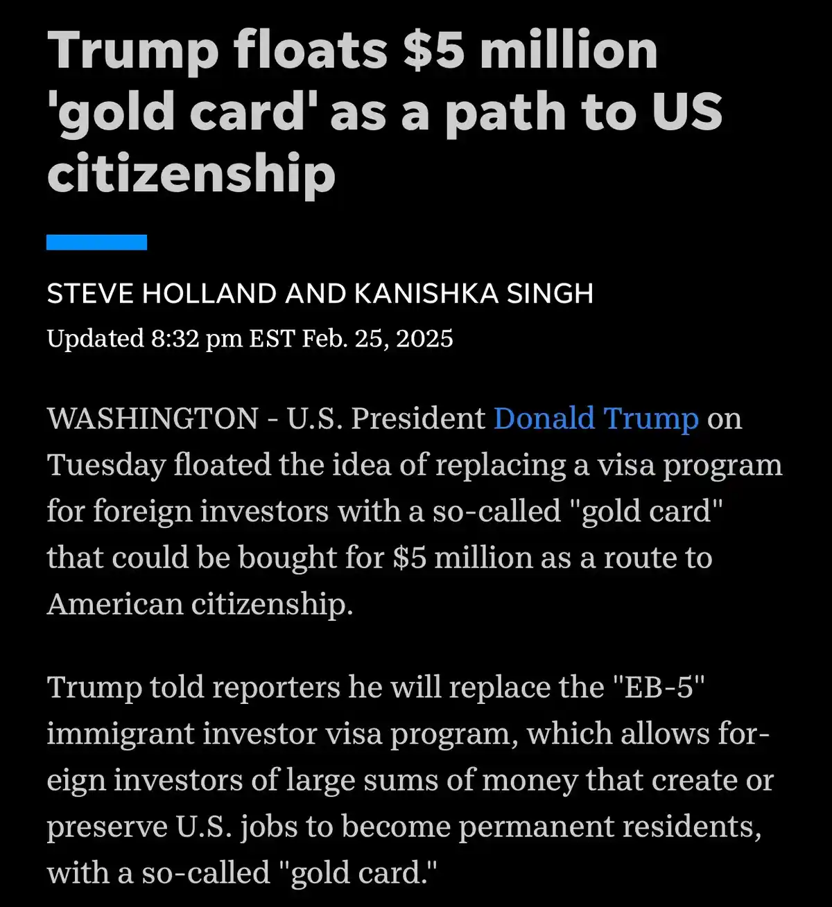 A screenshot of a news article with a black background and white text, reporting that Donald Trump proposed a $5 million…