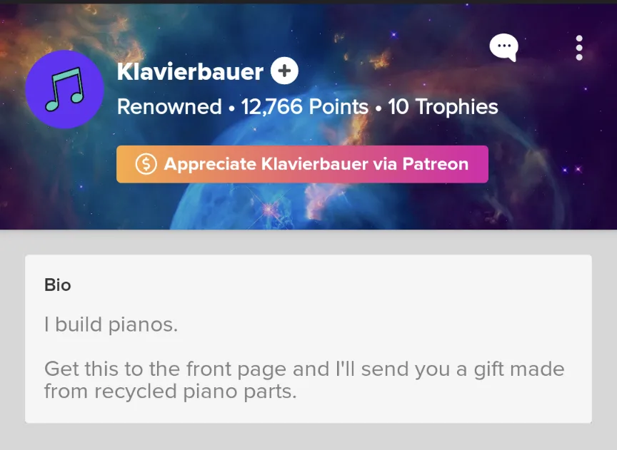A screenshot of a user profile on a platform with a cosmic nebula background. The username is 'Klavierbauer' with a musical…