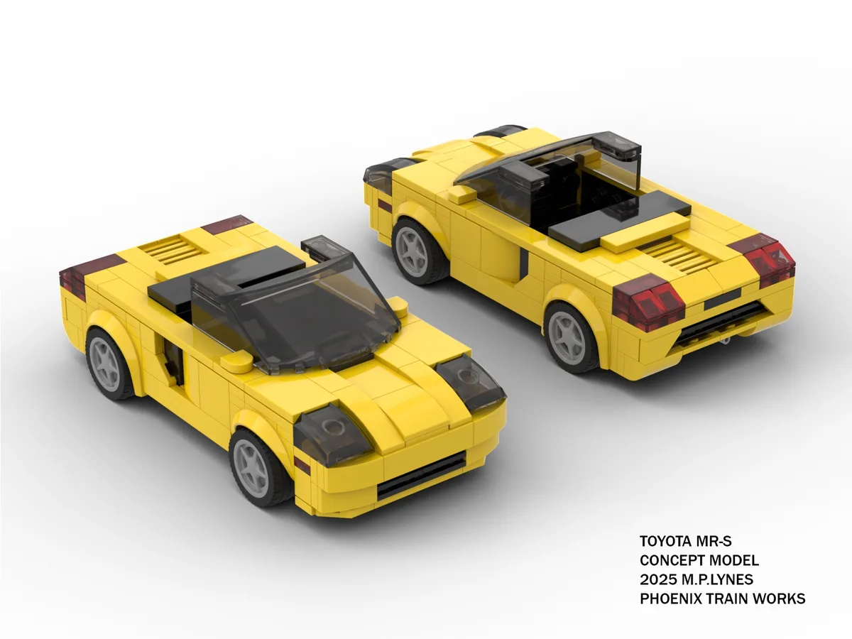 Two yellow LEGO-style concept cars are shown from front and rear angles against a plain white background. The text in the…