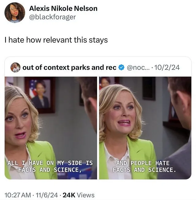 A tweet by Alexis Nikole Nelson shows a split-screen image of a blonde woman in a green blazer from the TV show 'Parks and…