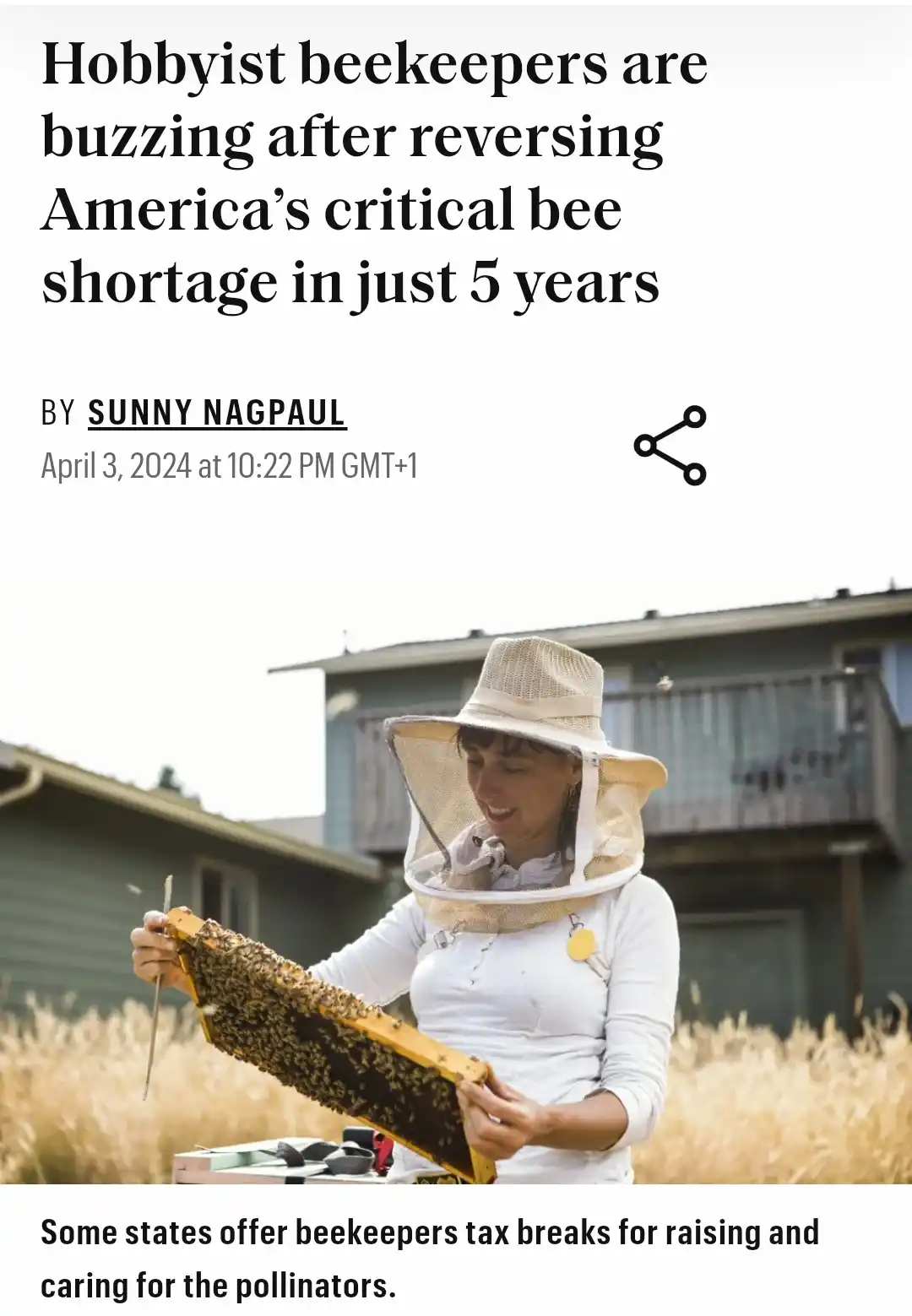 A woman in a beekeeper's veil and white shirt holds a honeycomb frame teeming with bees outdoors. The image is overlaid with…