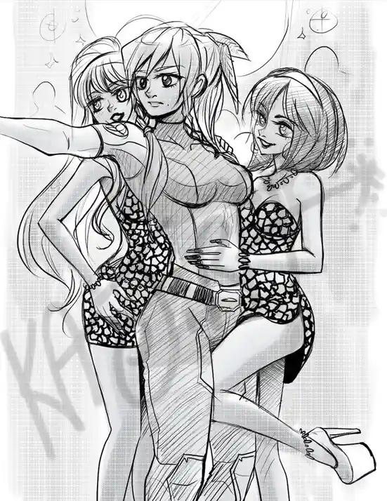 A black-and-white anime-style sketch shows three women posing together in revealing outfits with exaggerated expressions…