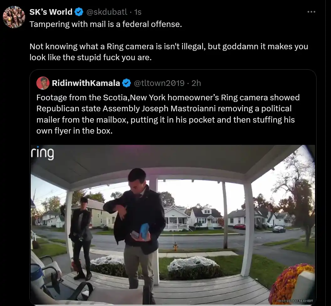 A Ring camera video shows a man removing a political mailer from a mailbox, putting it in his pocket, and replacing it with…