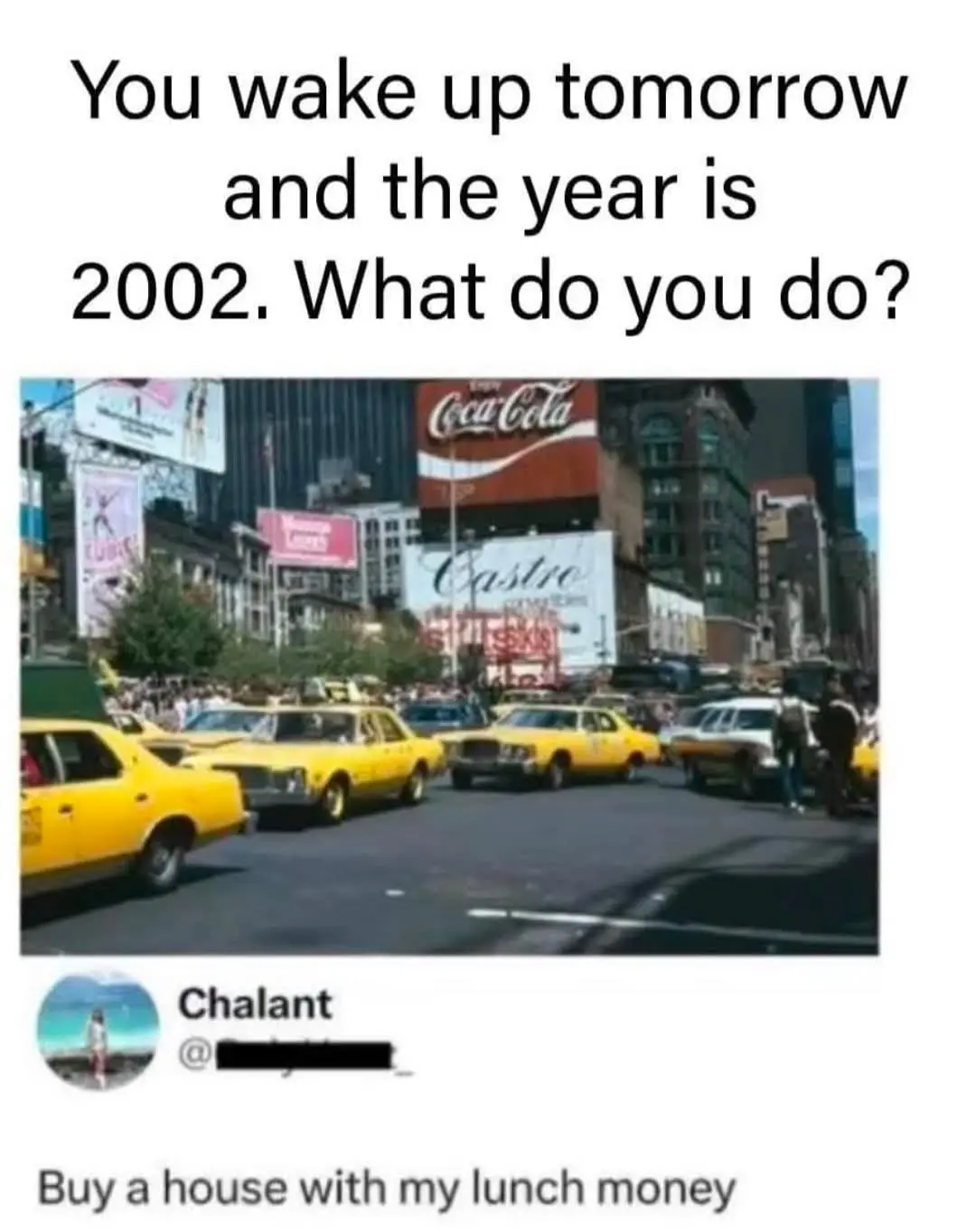 The image shows a busy New York City street scene from 2002, featuring yellow taxis, pedestrians, and prominent billboards…