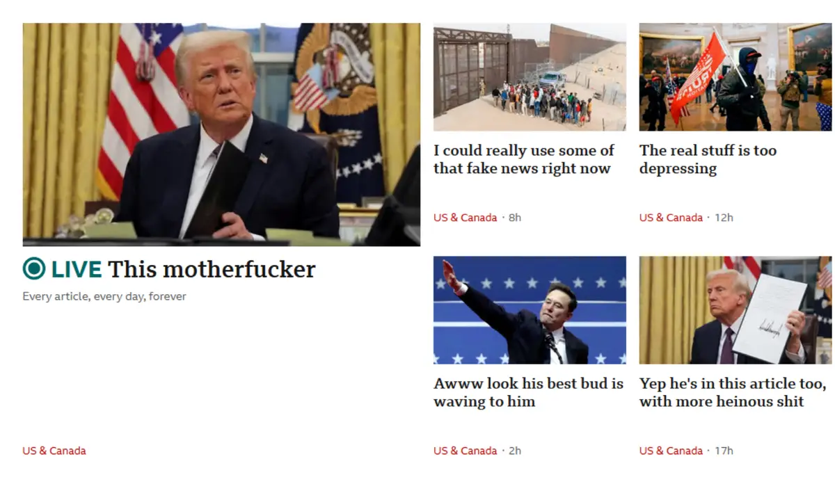 A screenshot of a fake news website interface showing a headline 'This motherfucker' over an image of Donald Trump in the…