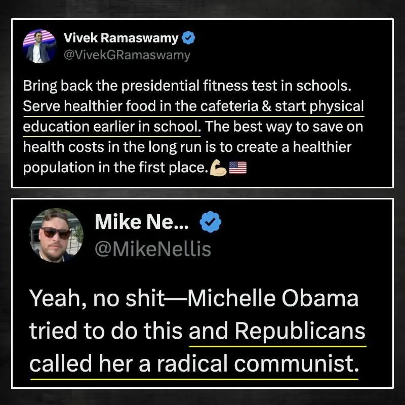 The image displays two Twitter posts. The top post by Vivek Ramaswamy advocates for bringing back the presidential fitness…