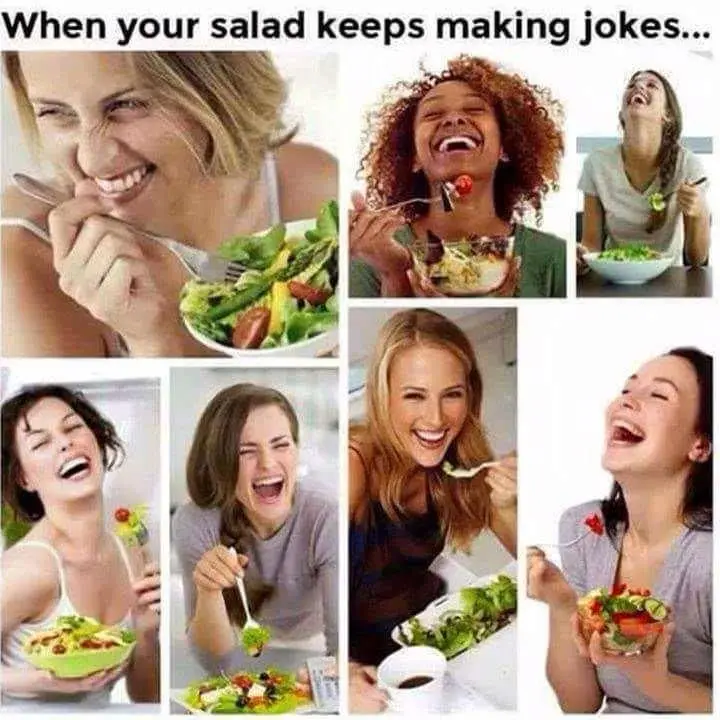 A collage of seven images shows different women laughing hysterically while eating salads. In each photo, they are visibly…