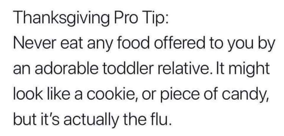 The image displays a plain white background with black text that reads: 'Thanksgiving Pro Tip: Never eat any food offered to…
