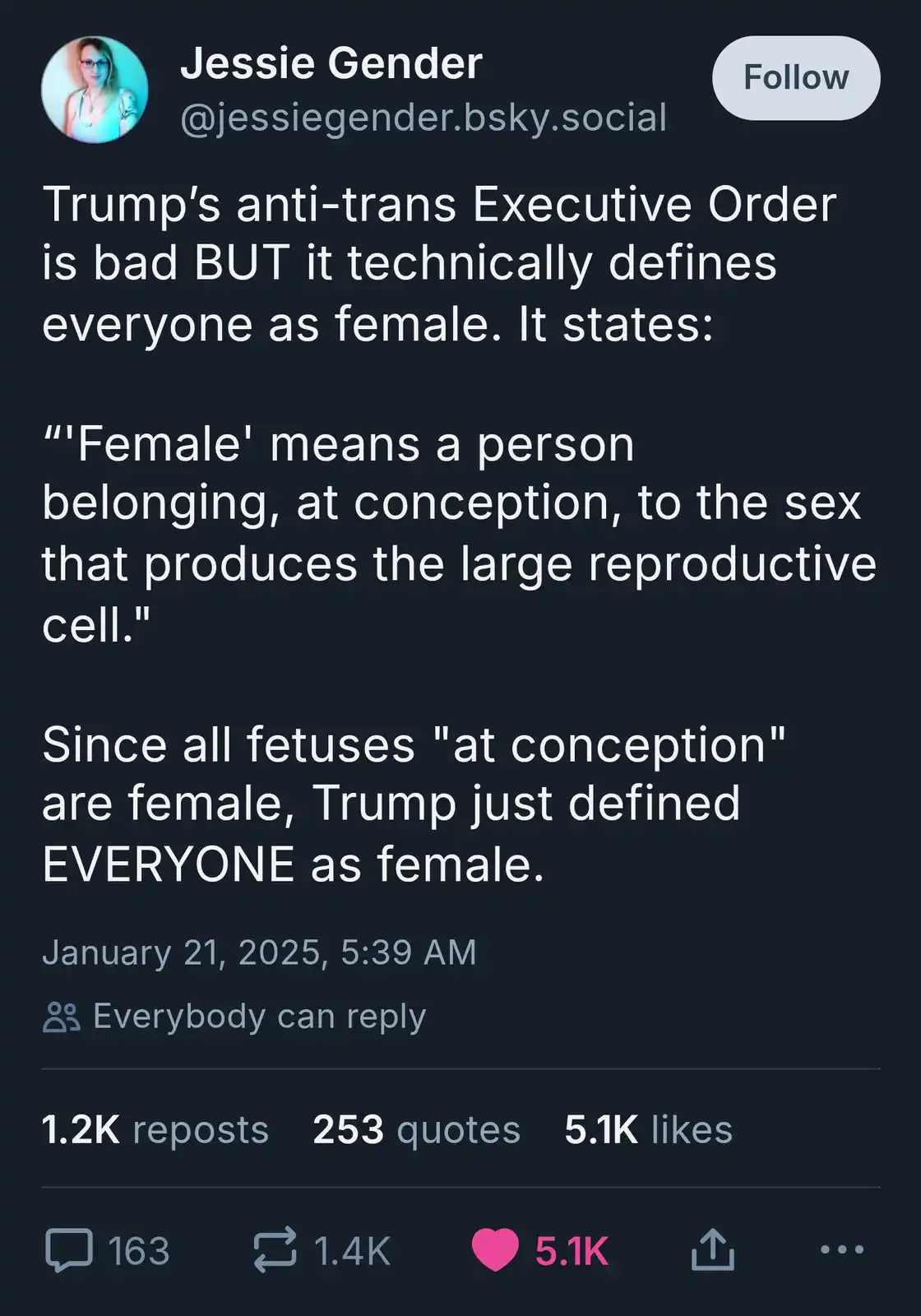 A screenshot of a social media post by Jessie Gender, which claims that Trump's anti-trans executive order defines everyone…