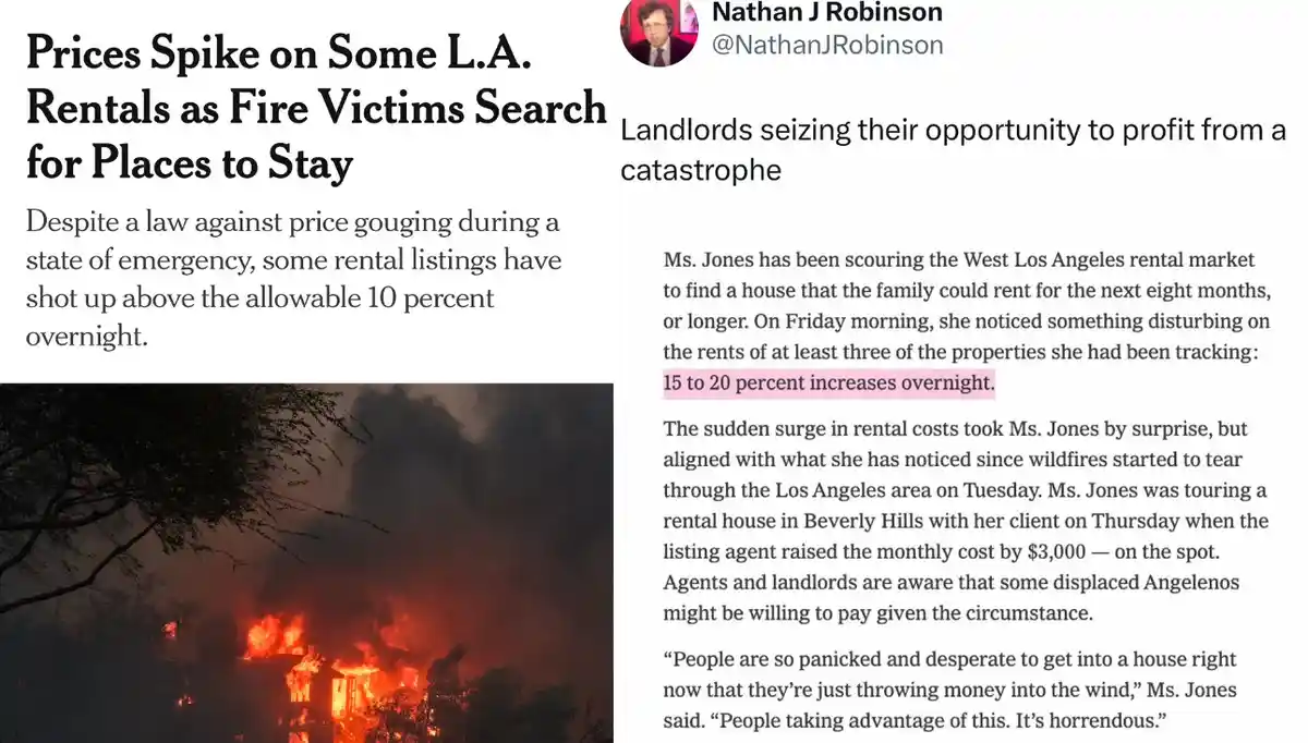 A screenshot of a news article about rental price spikes in Los Angeles after wildfires, featuring a photo of a burning…