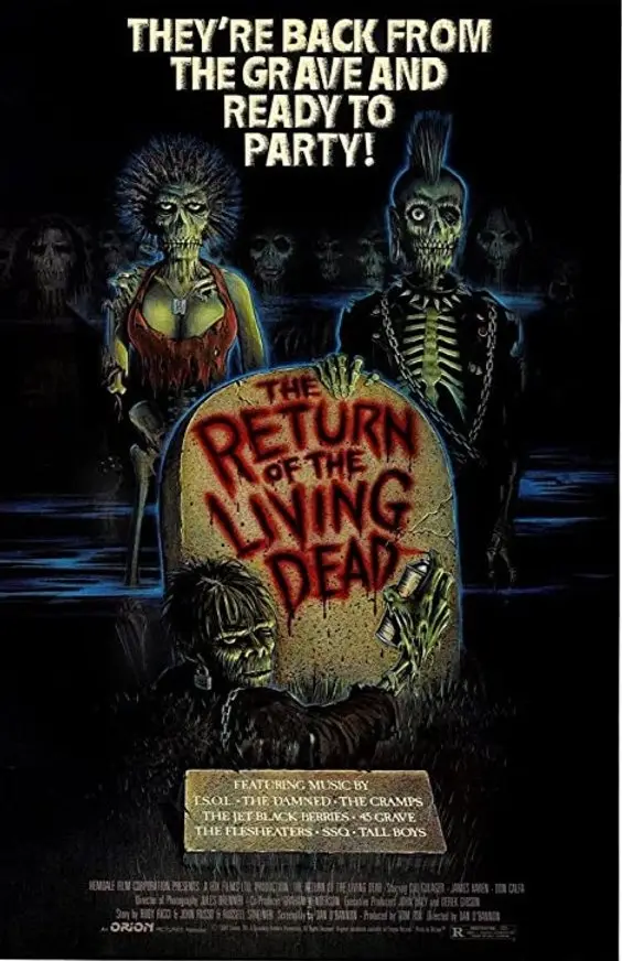 A movie poster for 'The Return of the Living Dead' shows two zombie skeletons standing behind a tombstone with the title…