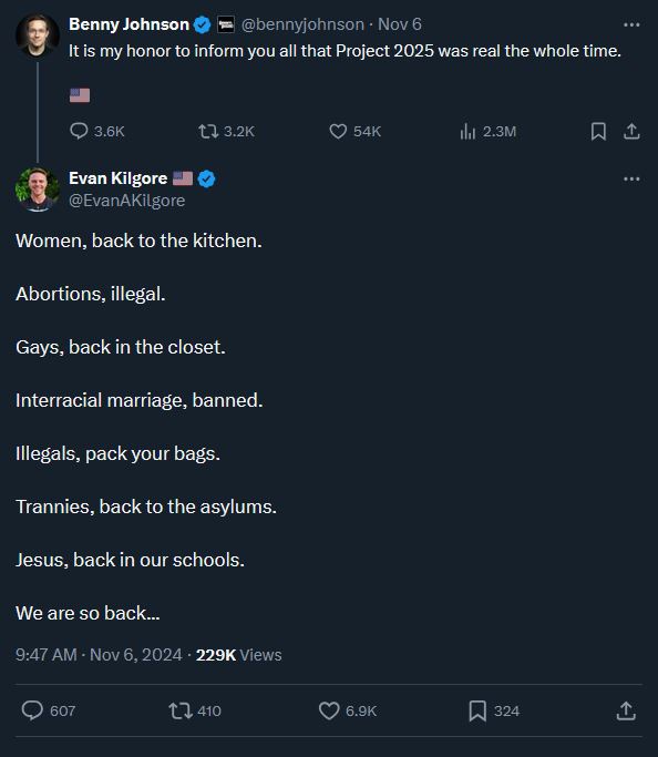 A screenshot of a Twitter thread shows Benny Johnson's tweet claiming 'Project 2025 was real the whole time,' followed by…