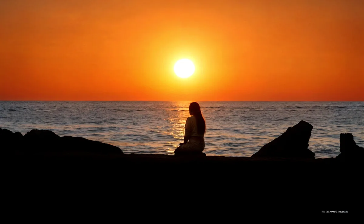 A silhouette of a person sitting on a rocky beach, facing a bright orange sunset over the ocean. The person's back is to the…