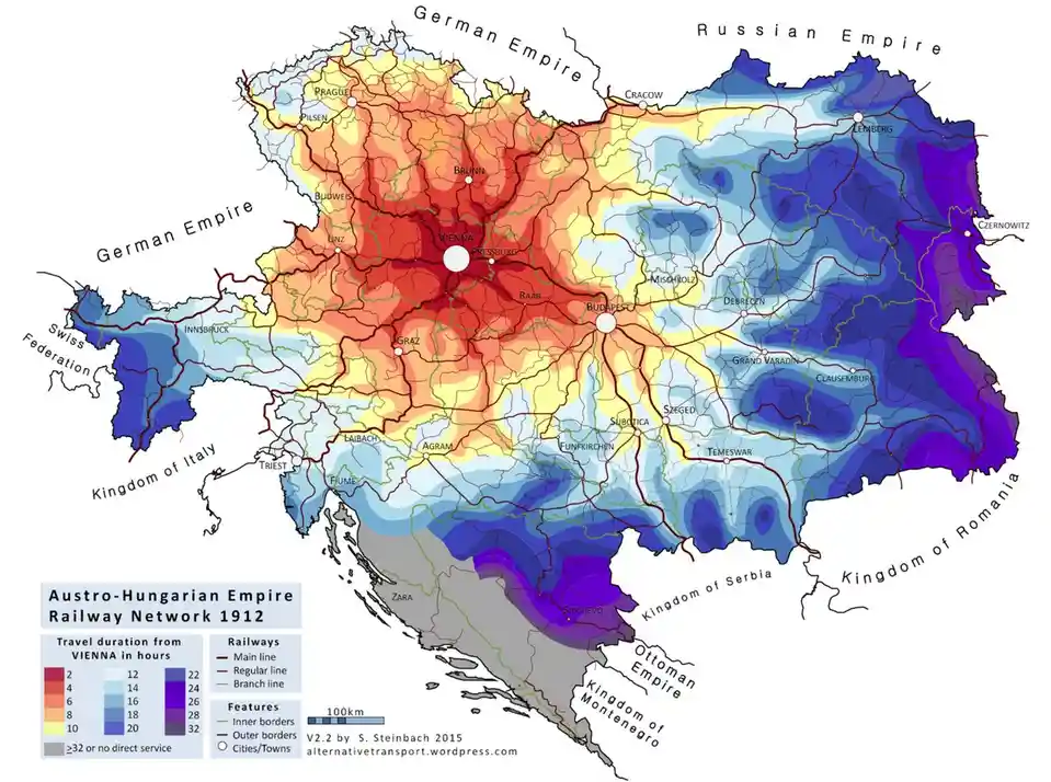 A historical map of the Austro-Hungarian Empire in 1912 showing travel time from Vienna in hours using a color gradient…