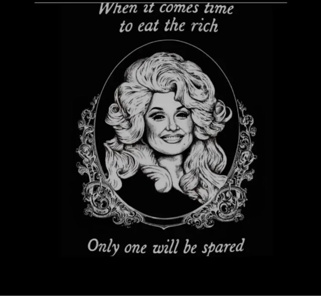 A black-and-white image features a stylized portrait of Dolly Parton framed in an ornate oval border. Above the portrait…