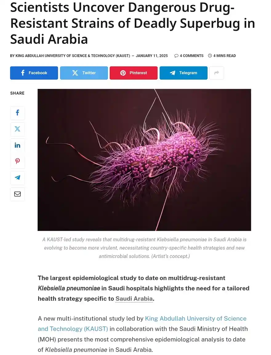 An article screenshot shows a headline about scientists uncovering drug-resistant superbugs in Saudi Arabia, accompanied by…